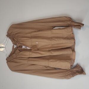 AMERICAN EAGLE Camel Linen Viscose Tiered Long Sleeve Babydoll Peasant Blouse